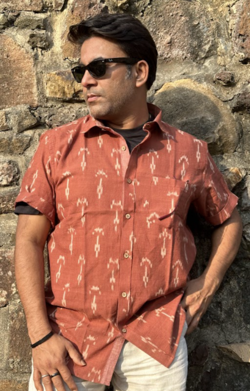 Susego Burnt Orange and White Ikat Shirt