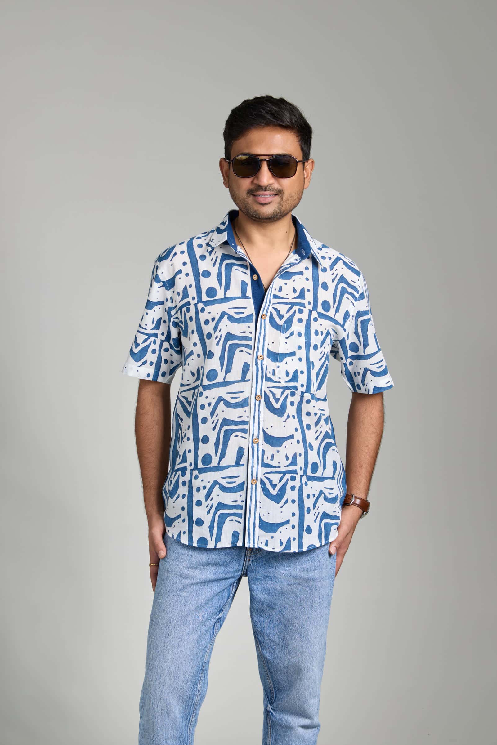 Blue button block print